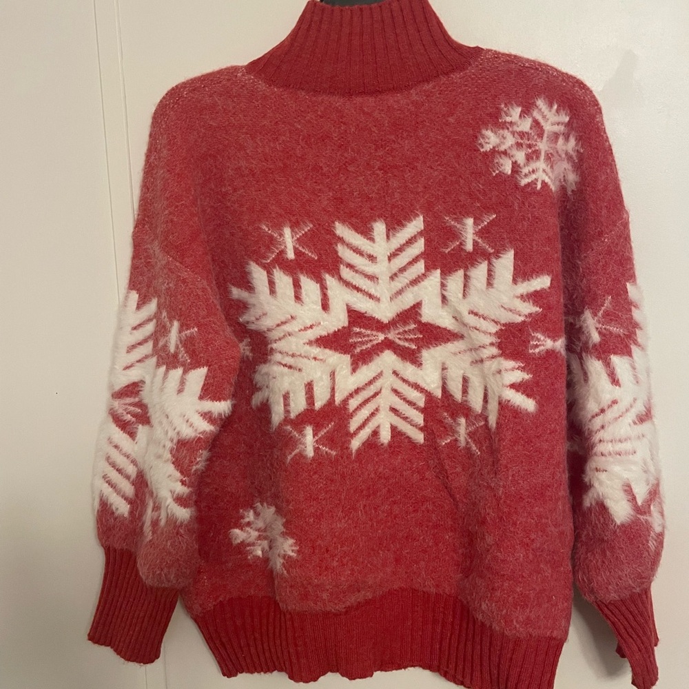 Cabincore Winter Red Snowflake Turtleneck Sweater Soft Cozy Size S/M Oversized - Picture 5 of 8